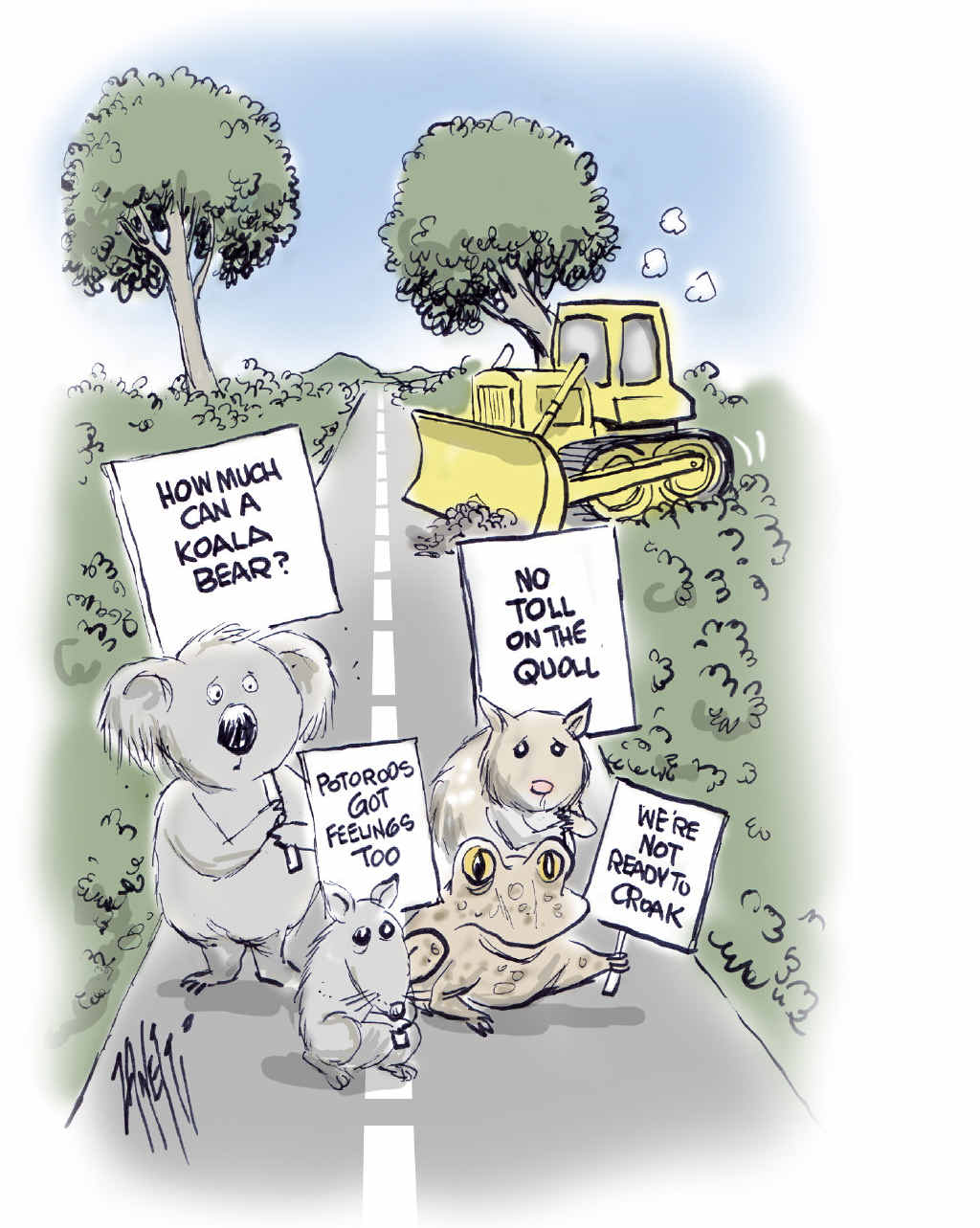 Paul Zanetti cartoon about the risks to natural flora and fauna on big infrastructure builds. Paul Zanetti cartoon about the risks to natural flora and fauna on big infrastructure builds.